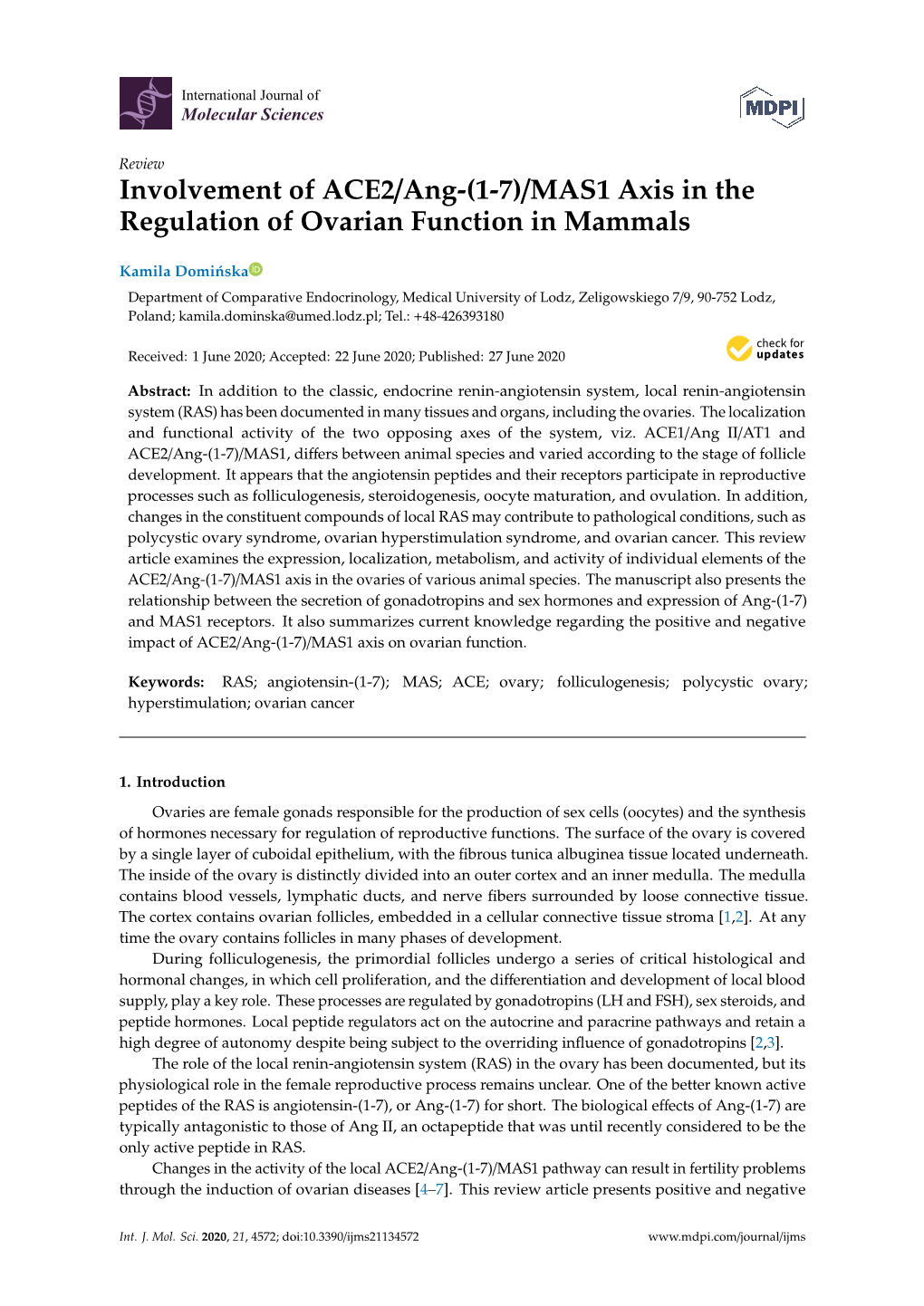 Involvement of ACE2/Ang-(1-7)/MAS1 Axis in the Regulation of Ovarian Function in Mammals