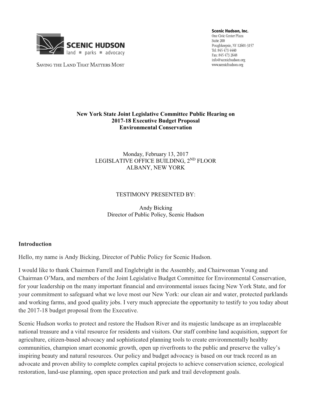 Introduction Hello, My Name Is Andy Bicking, Director of Public Policy for Scenic Hudson. I Would Like to Thank Chairmen Farrell