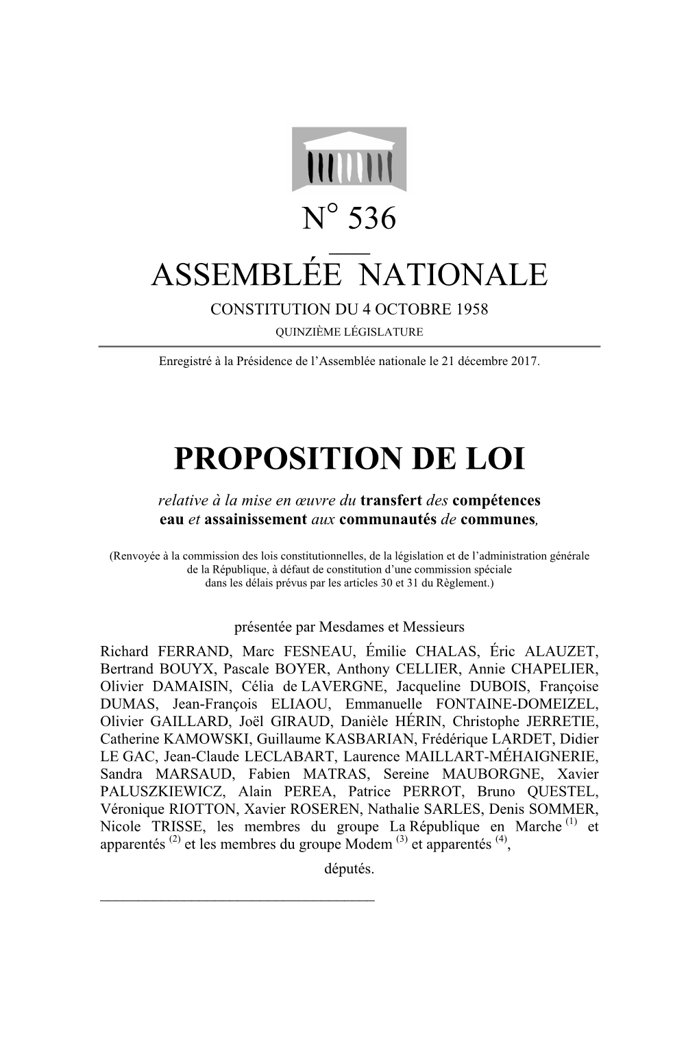 N° 536 Assemblée Nationale Proposition De