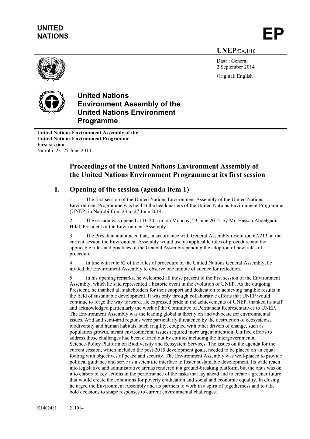 UNITED NATIONS United Nations Environment Assembly of The