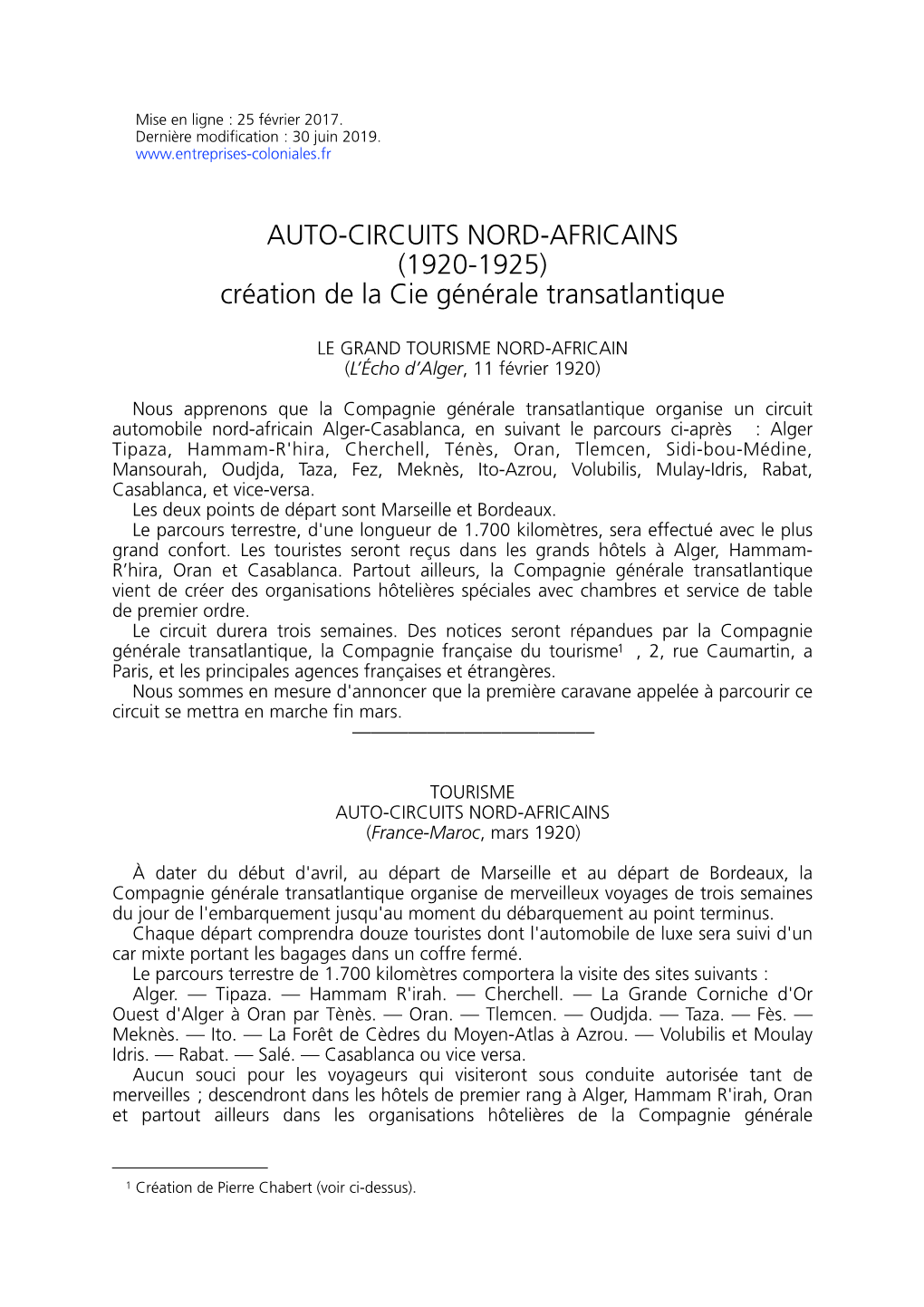 AUTO-CIRCUITS NORD-AFRICAINS (1920-1925) Création De La Cie Générale Transatlantique