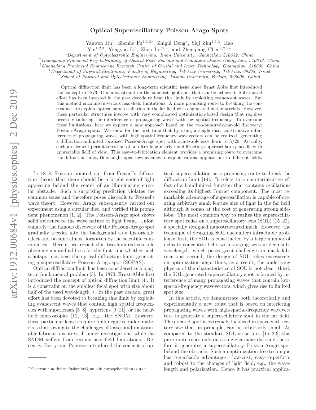 Arxiv:1912.00684V1 [Physics.Optics] 2 Dec 2019 Sacntan Ntesals Oa Ptwt Ieabout Size with Wavelength Spot Used Focal the It Smallest of [4]