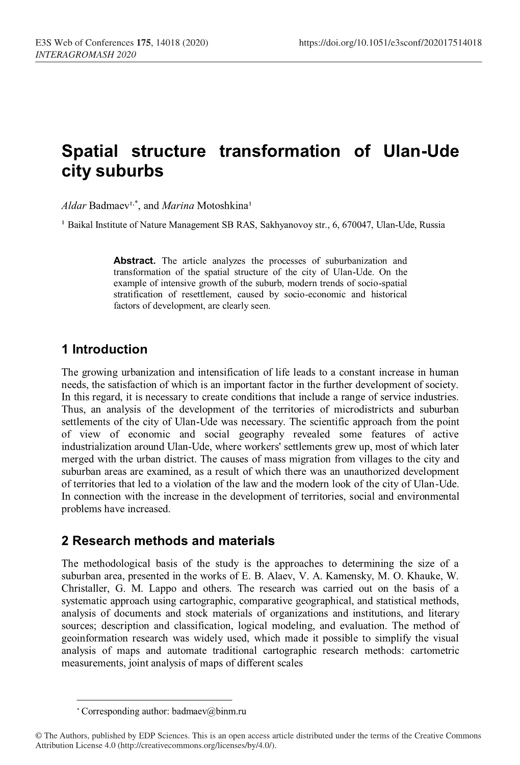 Spatial Structure Transformation of Ulan-Ude City Suburbs