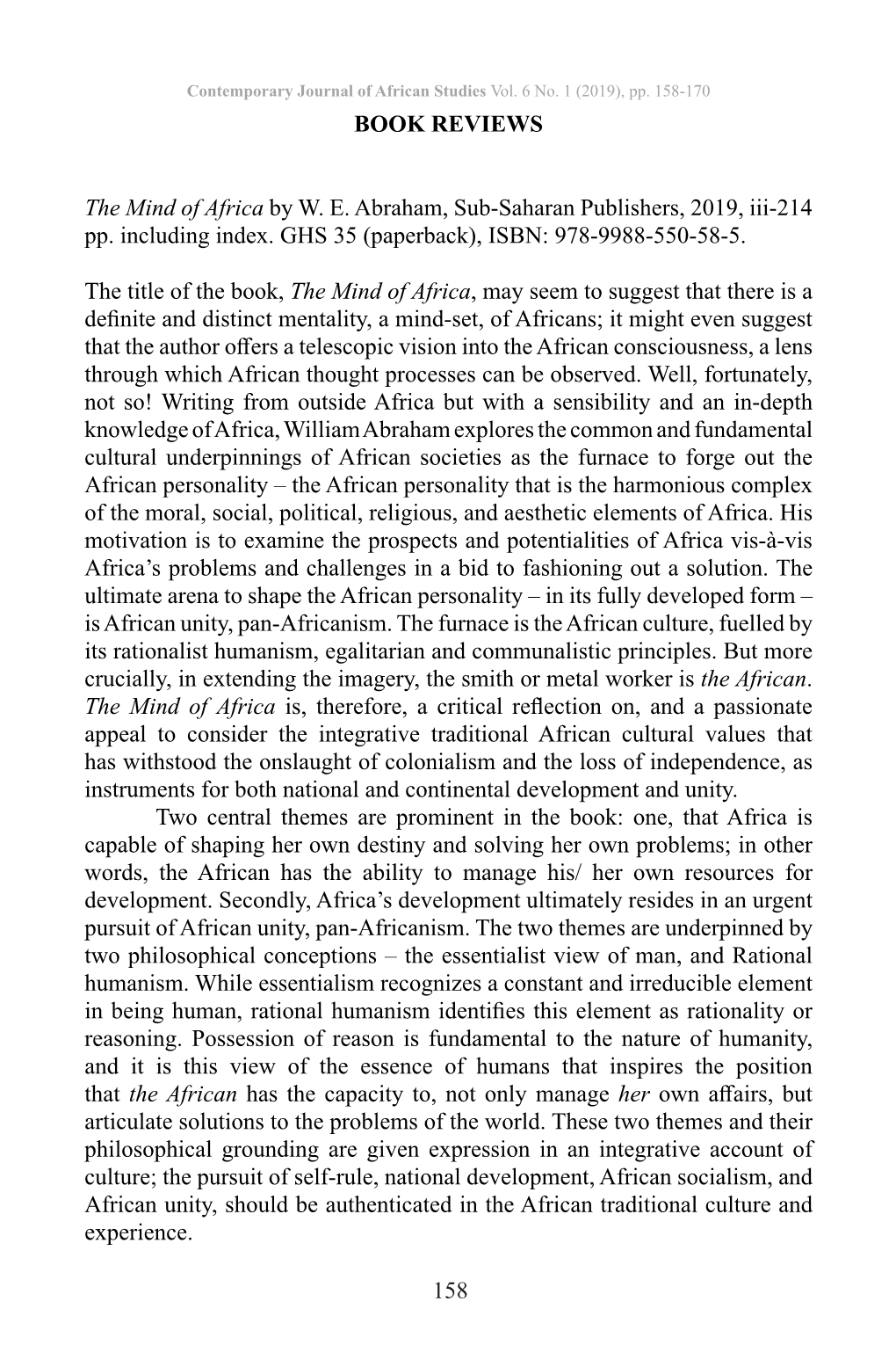 158 BOOK REVIEWS the Mind of Africa by W. E. Abraham, Sub