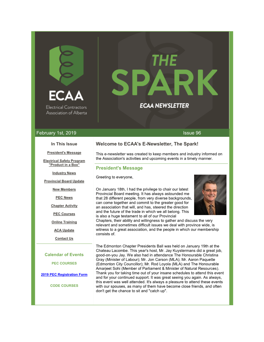 February 1St, 2019 Issue 96 Welcome to ECAA's E-Newsletter, the Spark