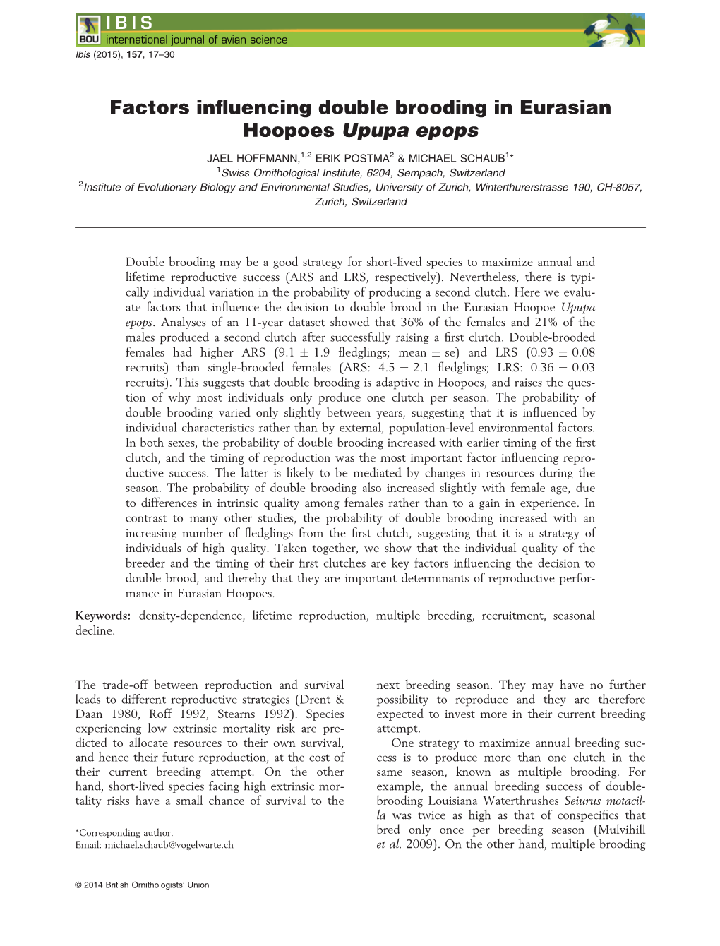 Factors Influencing Double Brooding in Eurasian Hoopoes Upupa Epops