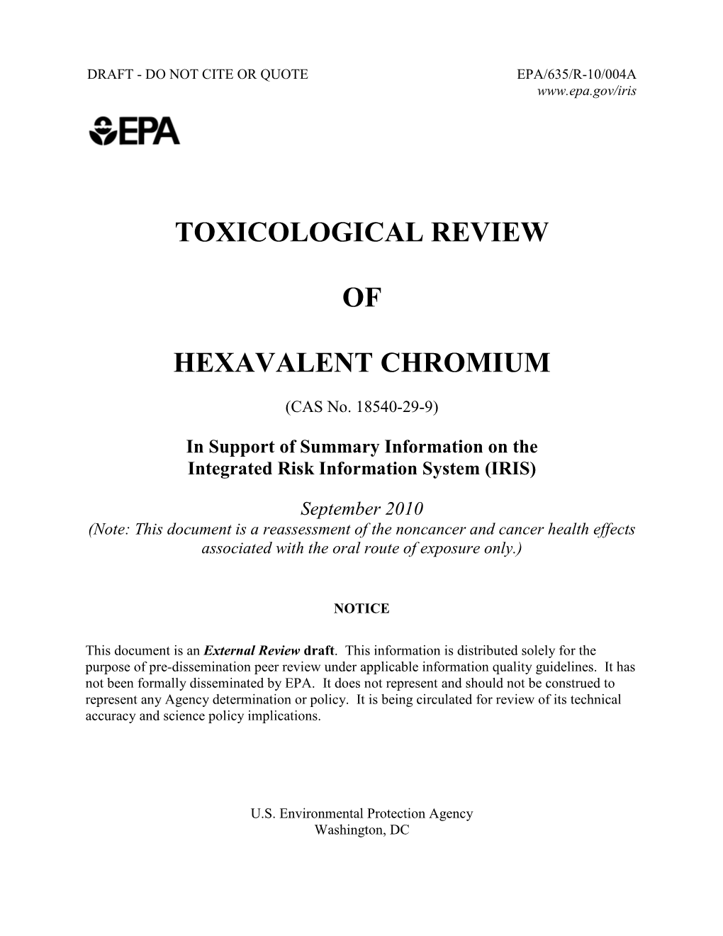 TOXICOLOGICAL REVIEW of HEXAVALENT CHROMIUM (CAS No