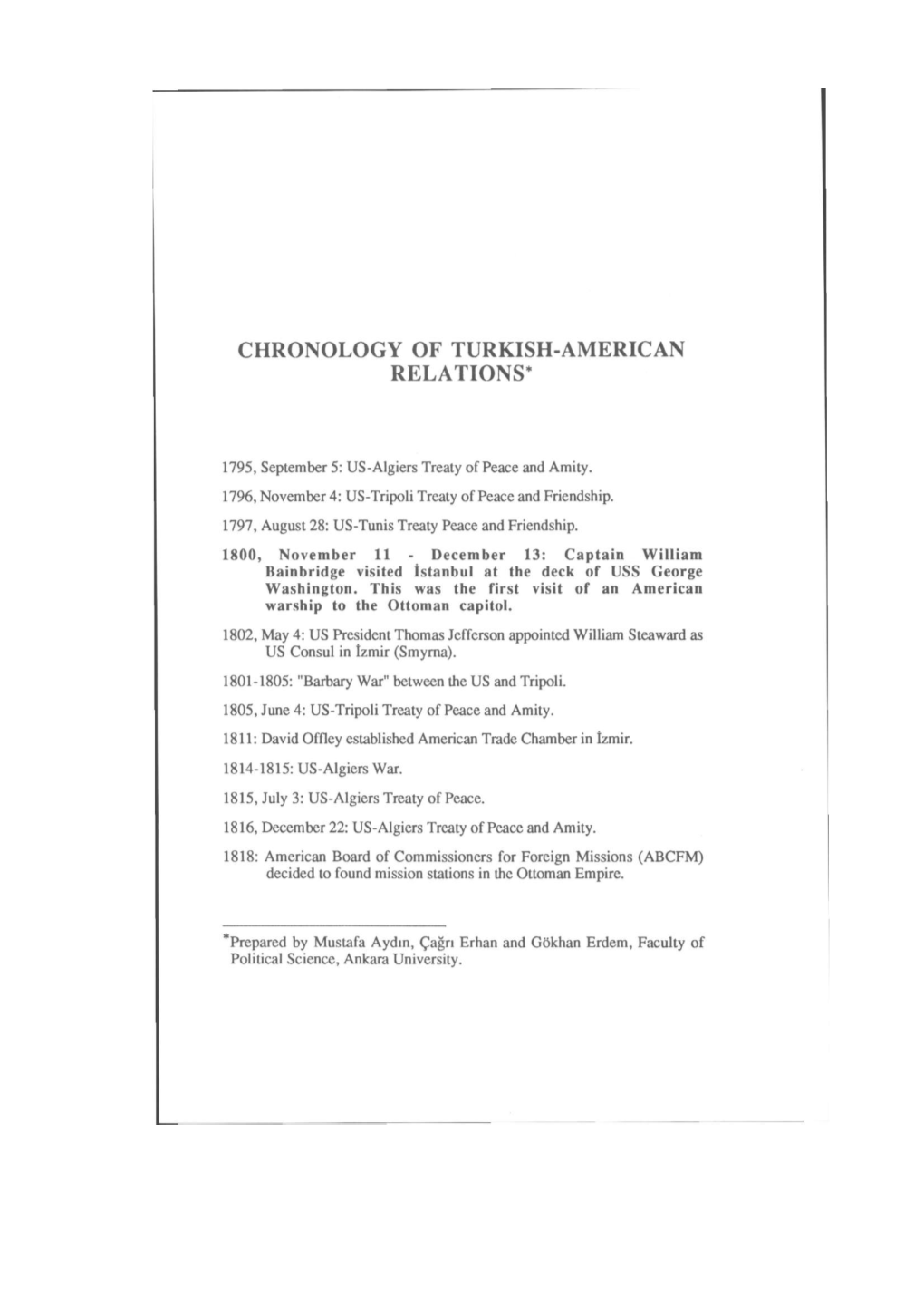 Chronology of Turkish-American Relations*