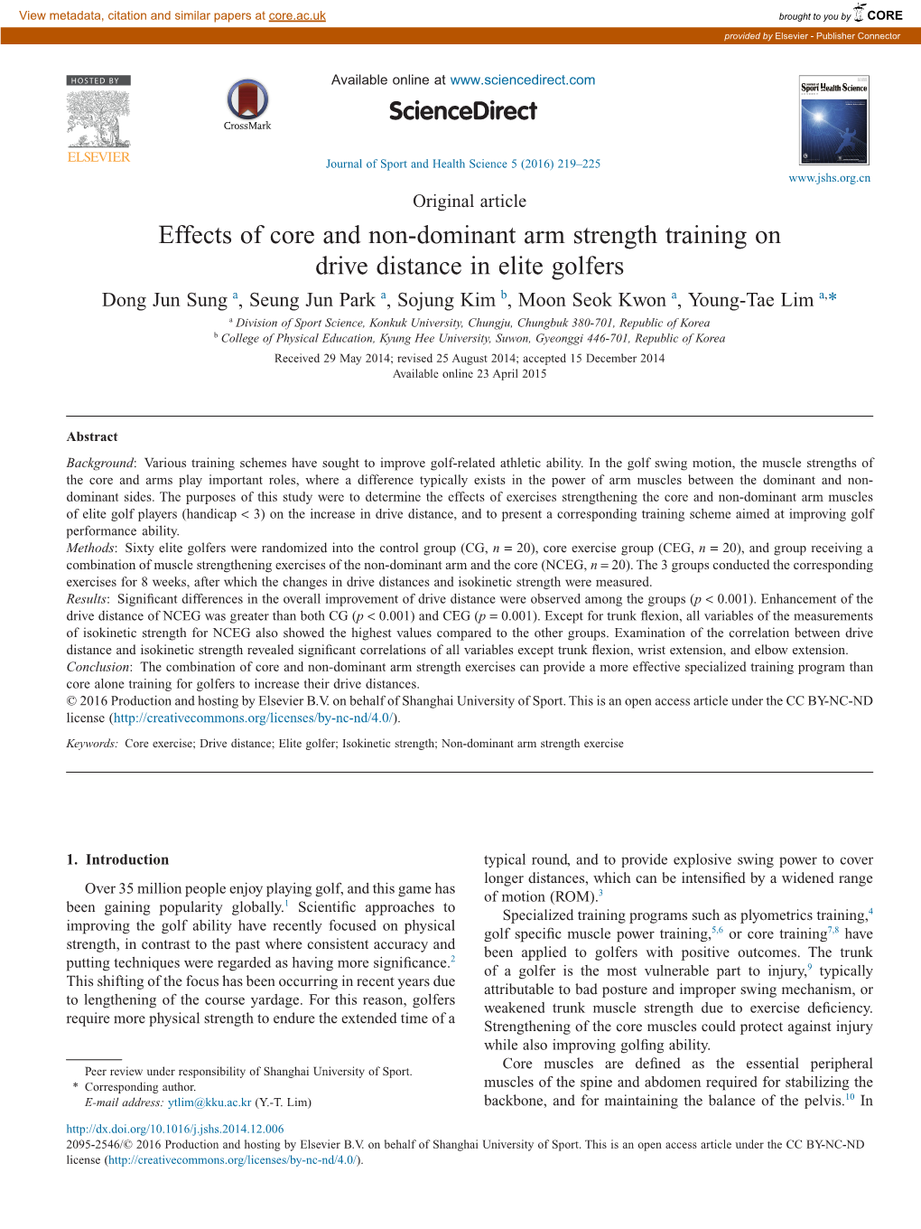 Effects of Core and Non-Dominant Arm Strength Training on Drive Distance