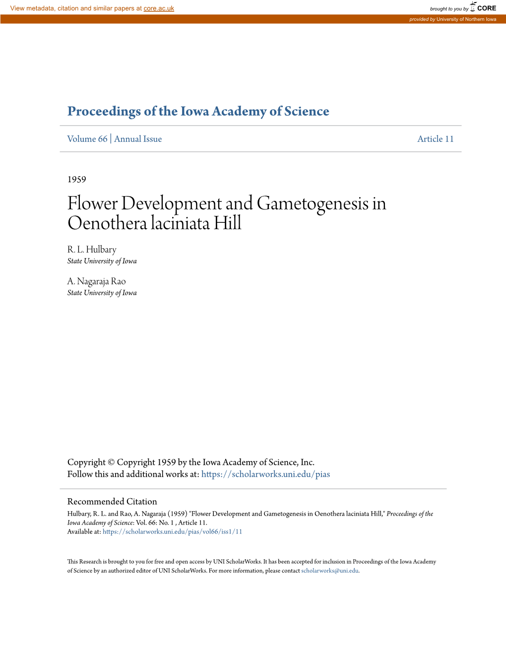 Flower Development and Gametogenesis in Oenothera Laciniata Hill R