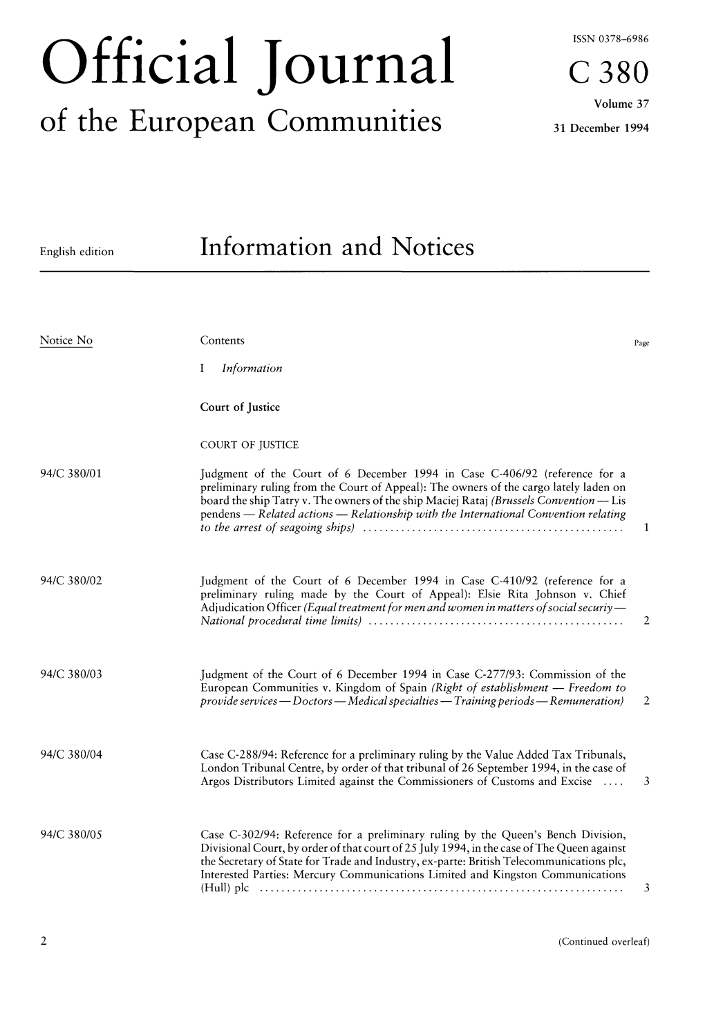 Official Journal C 380 Volume 37 of the European Communities 31 December 1994