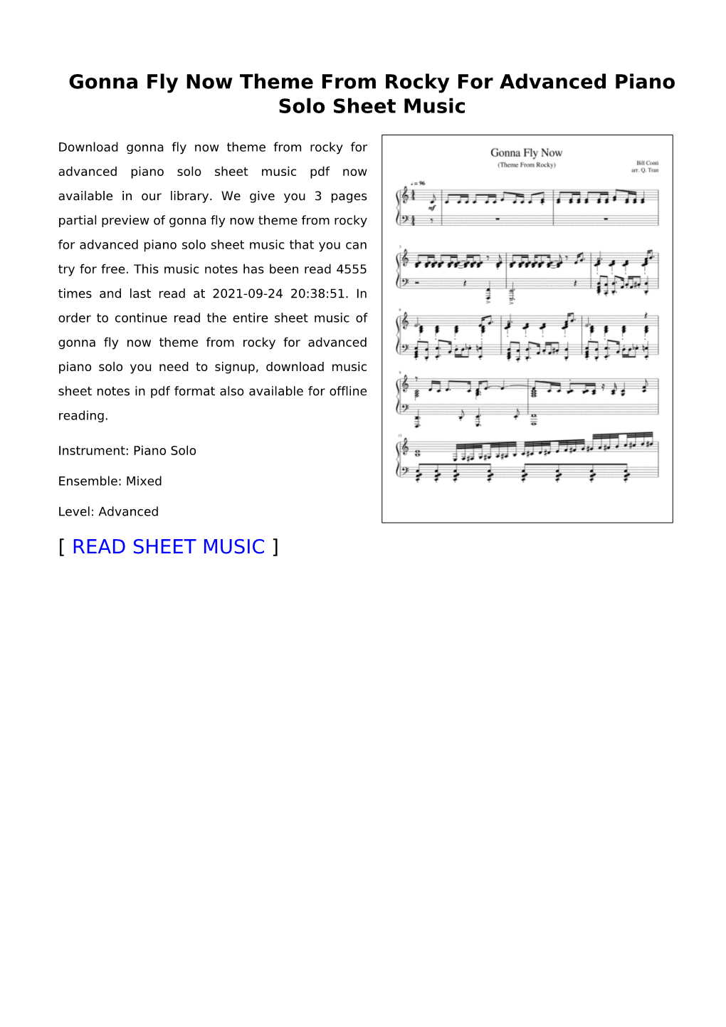 Gonna Fly Now Theme from Rocky for Advanced Piano Solo Sheet Music