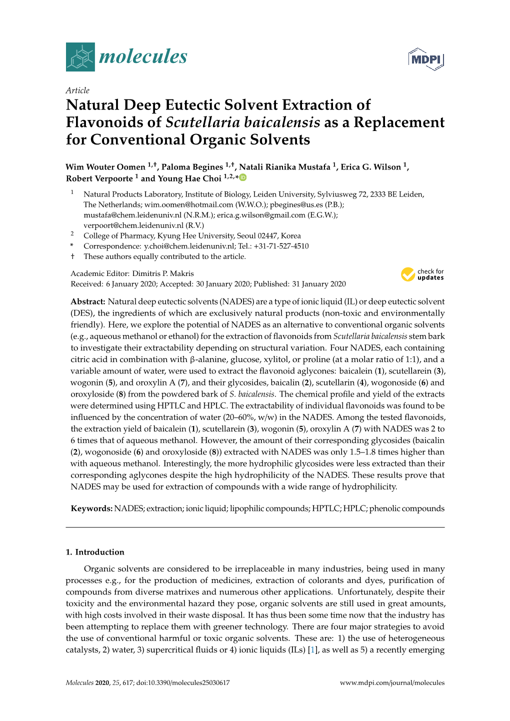 Natural Deep Eutectic Solvent Extraction of Flavonoids of Scutellaria Baicalensis As a Replacement for Conventional Organic Solvents