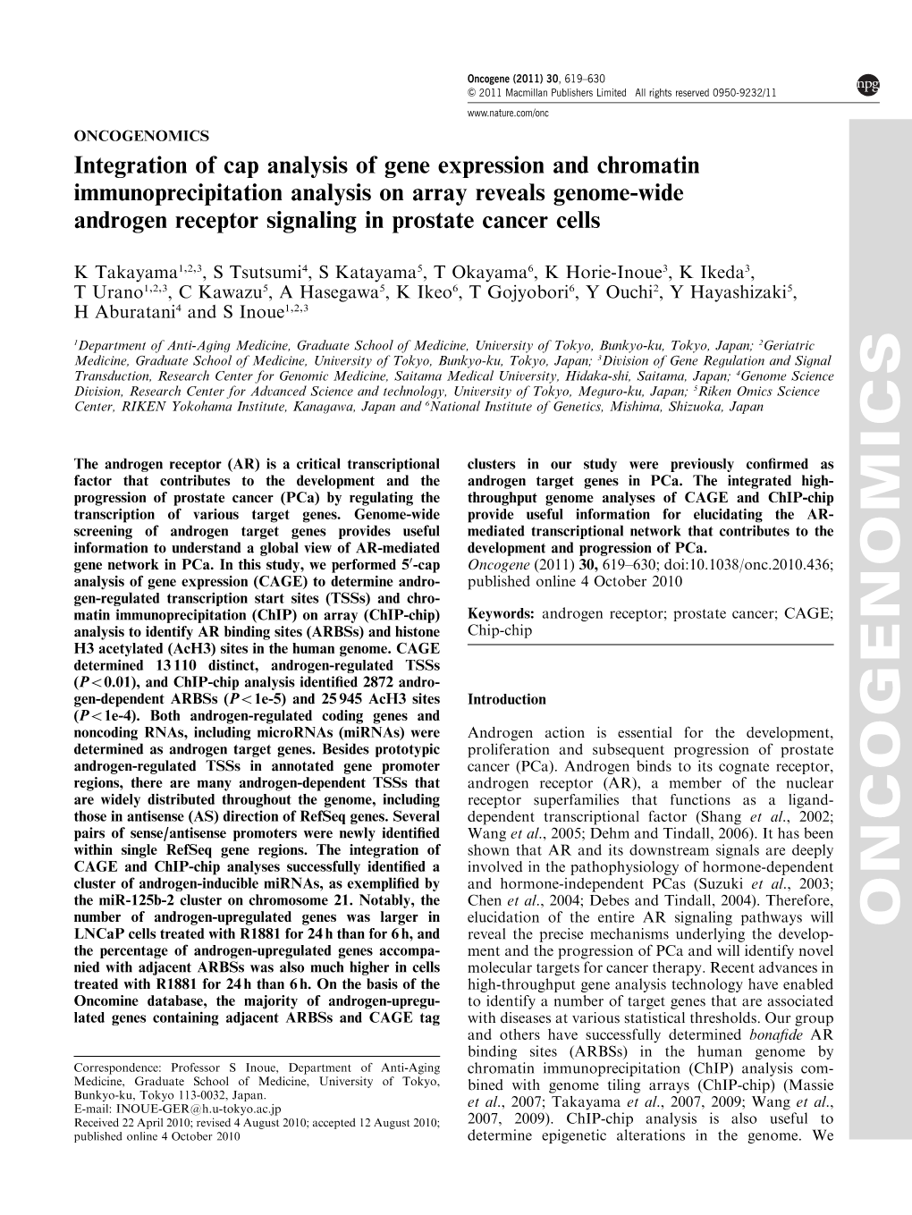 Integration of Cap Analysis of Gene Expression and Chromatin Immunoprecipitation Analysis on Array Reveals Genome-Wide Androgen