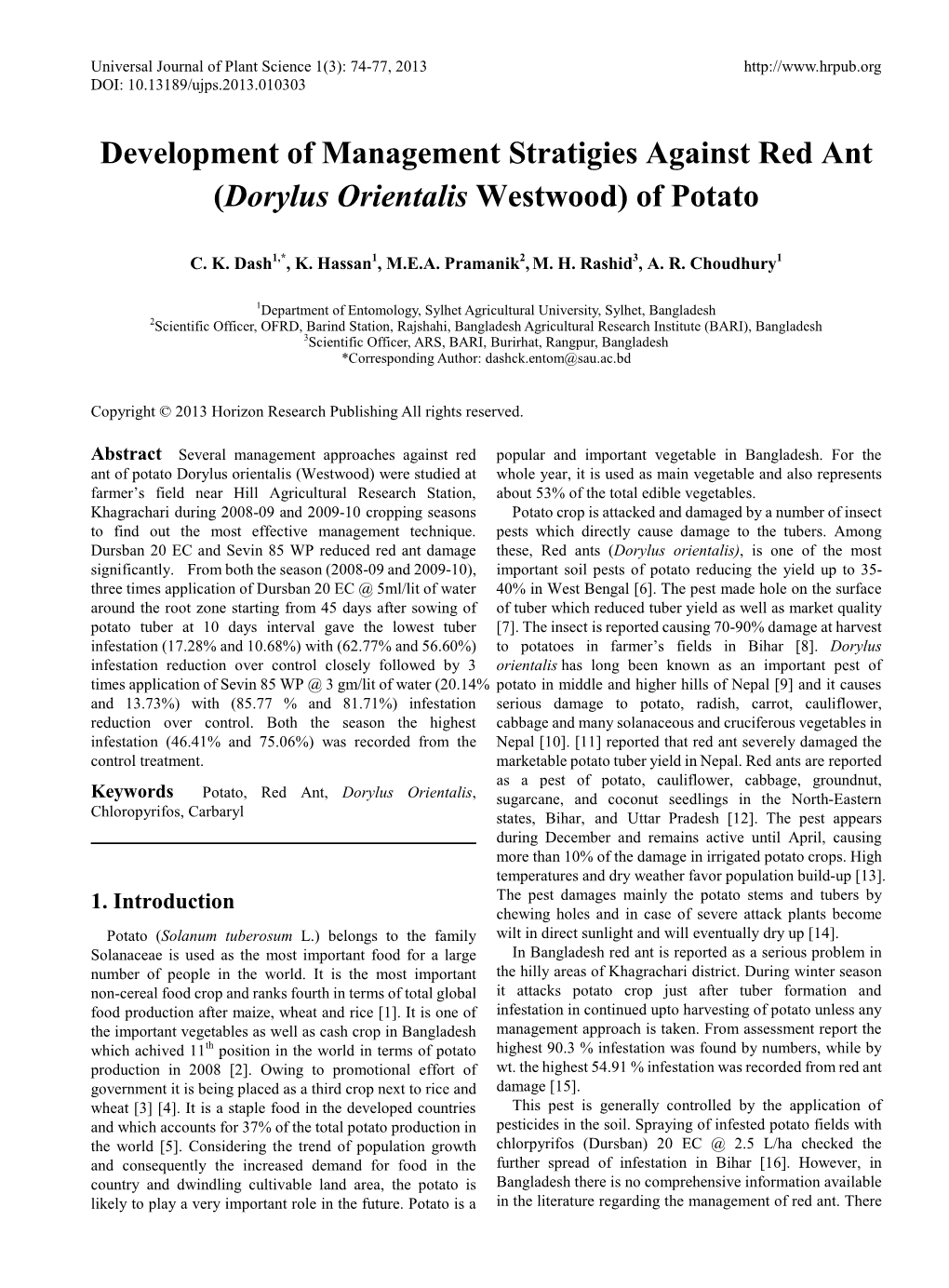 (Dorylus Orientalis Westwood) of Potato