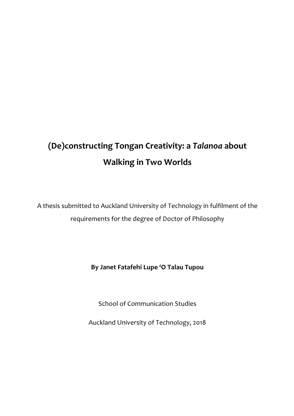 (De)Constructing Tongan Creativity: a Talanoa About Walking in Two Worlds