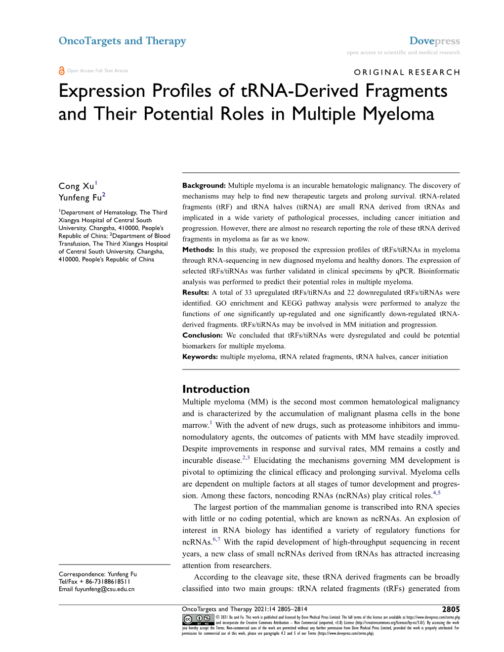 Expression Profiles of Trna-Derived Fragments and Their Potential Roles in Multiple Myeloma