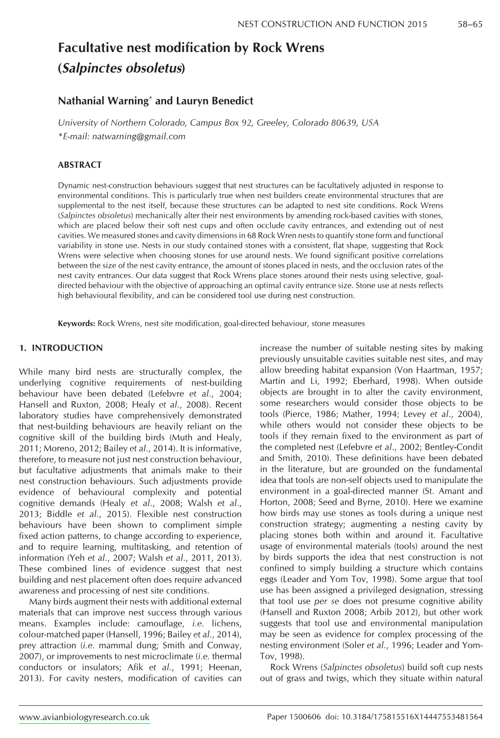 Facultative Nest Modification by Rock Wrens (Salpinctes Obsoletus)