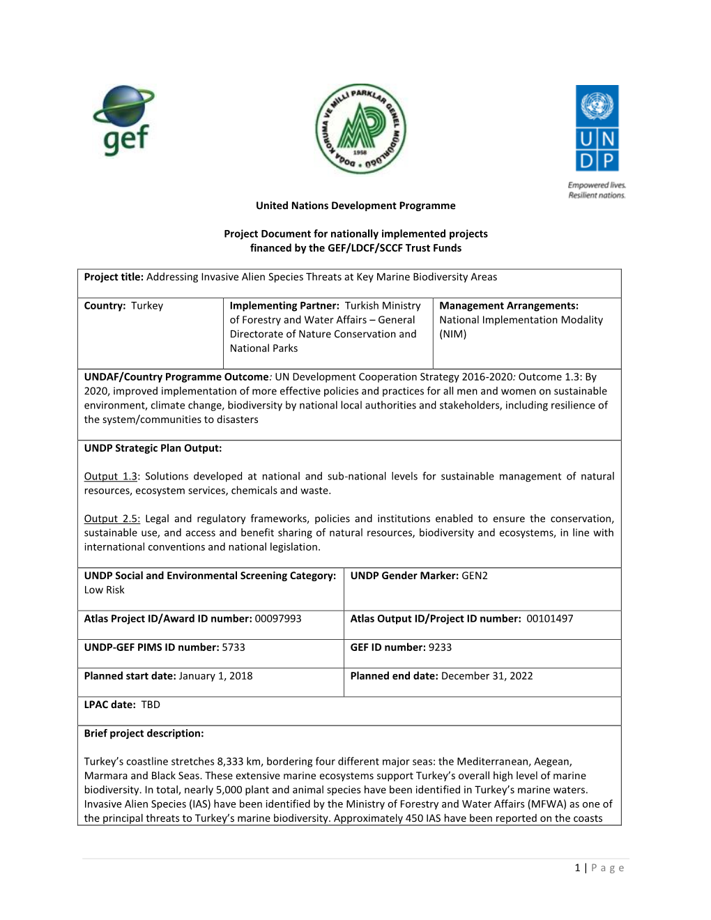 Project Document for Nationally Implemented Projects Financed by the GEF/LDCF/SCCF Trust Funds