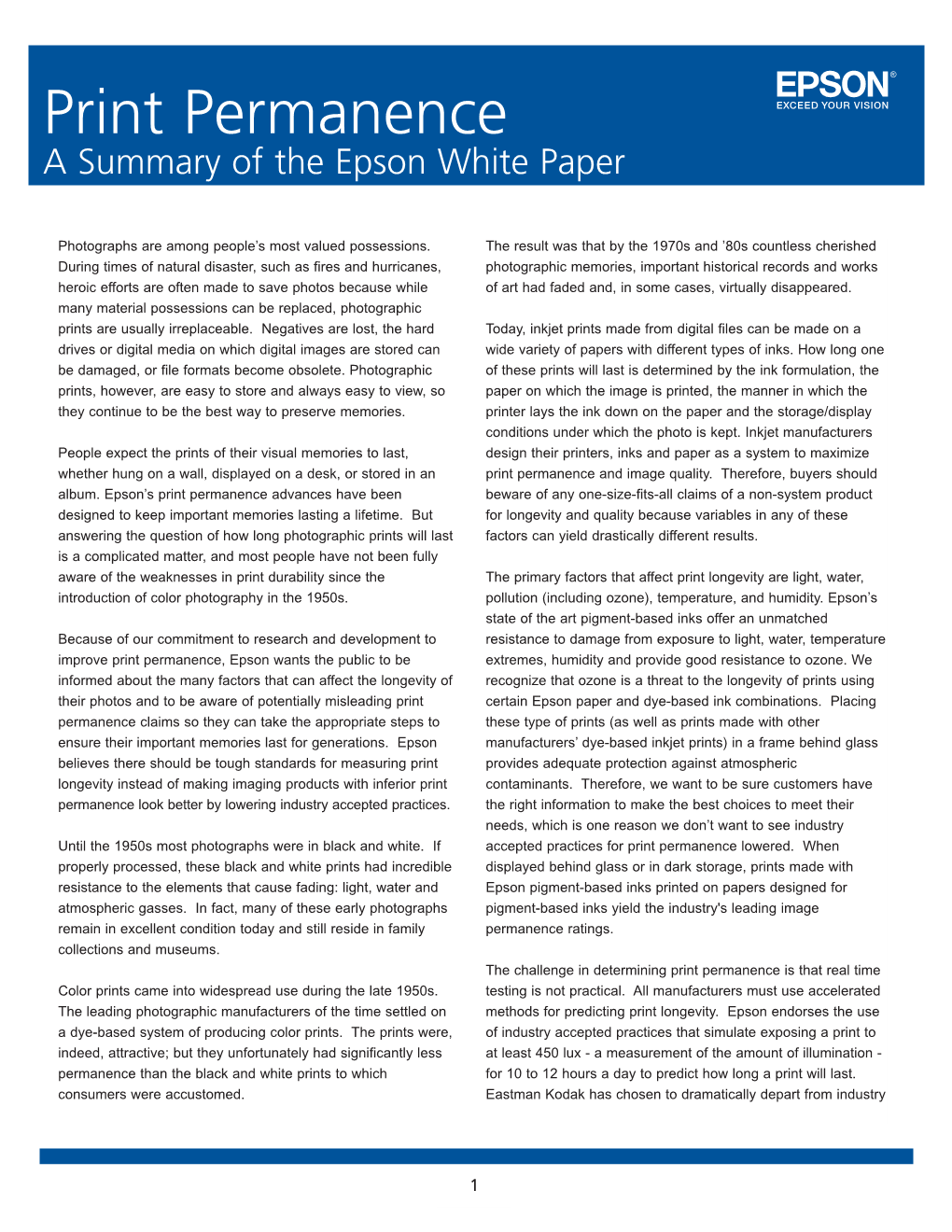 Print Permanence a Summary of the Epson White Paper