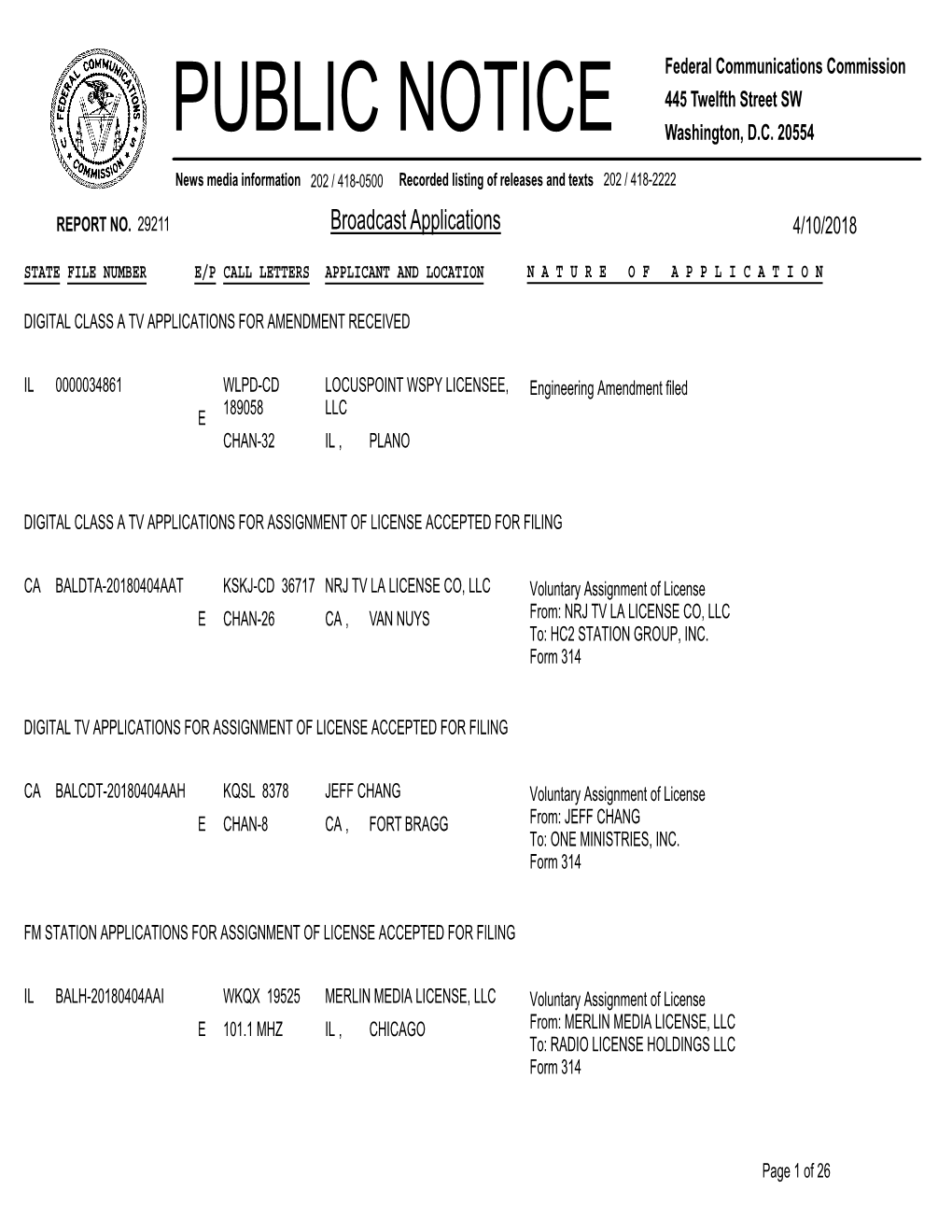 Broadcast Applications 4/10/2018