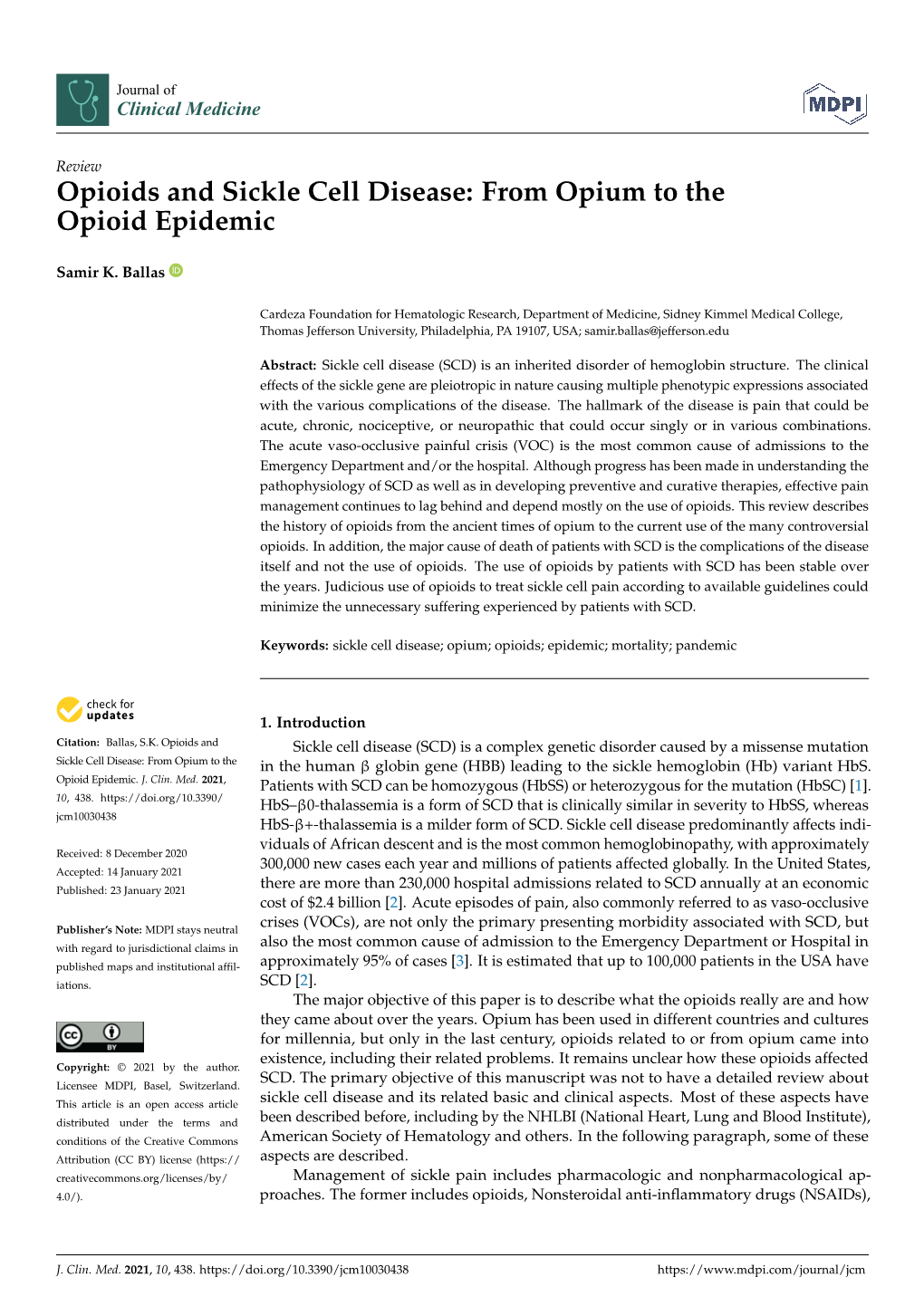 Opioids and Sickle Cell Disease: from Opium to the Opioid Epidemic