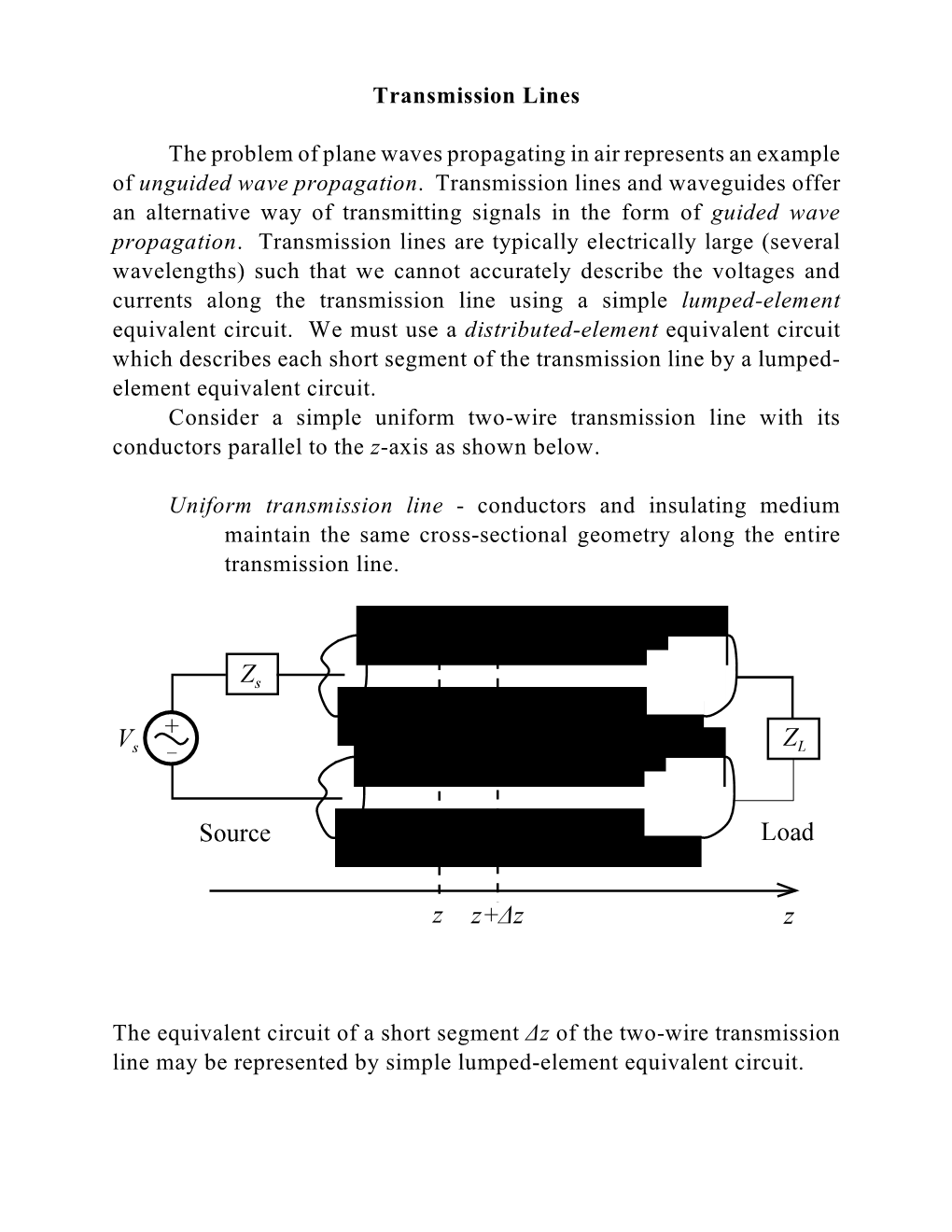 Transmission Lines the Problem of Plane Waves Propagating in Air Represents an Example of Unguided Wave Propagation. Transmissi