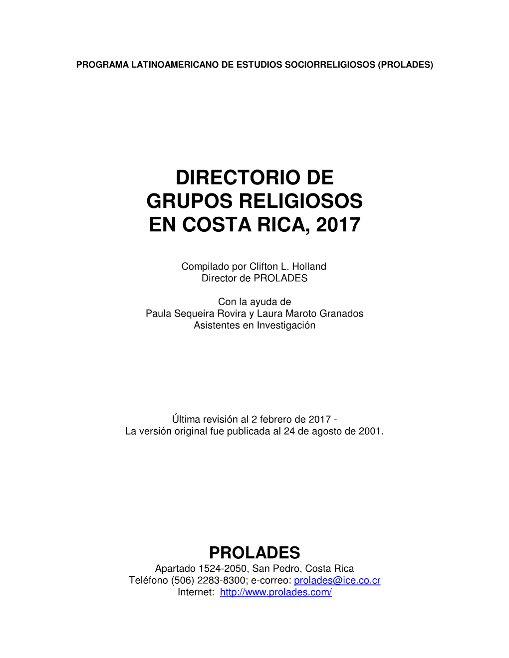 Directorio De Grupos Religiosos En Costa Rica, 2017