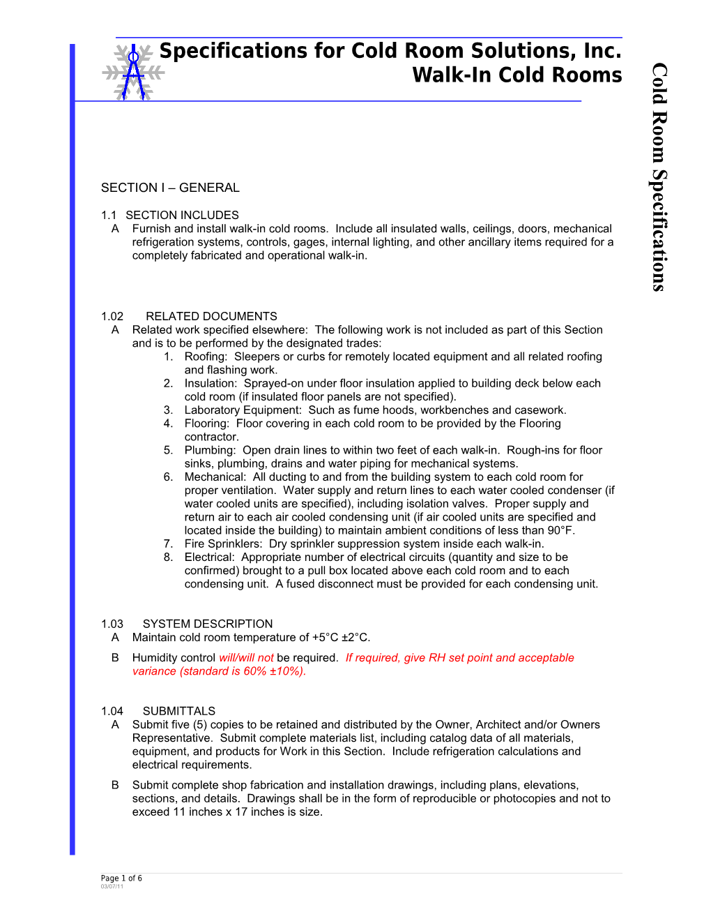 Specifications for Cold Room Solutions