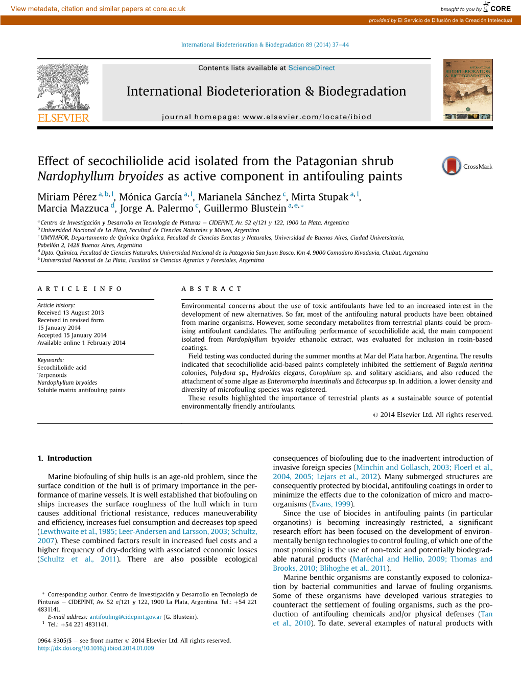 Effect of Secochiliolide Acid Isolated from the Patagonian Shrub Nardophyllum Bryoides As Active Component in Antifouling Paints