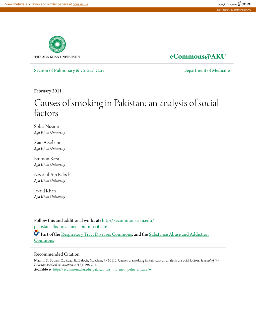 Causes of Smoking in Pakistan: an Analysis of Social Factors Sobia Nizami Aga Khan University