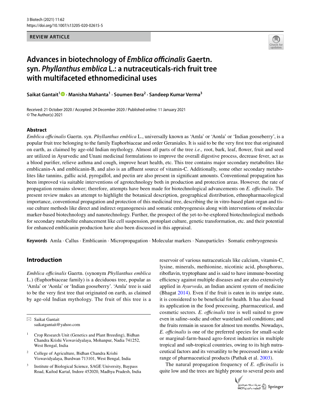 Advances in Biotechnology of Emblica Officinalis Gaertn. Syn. Phyllanthus