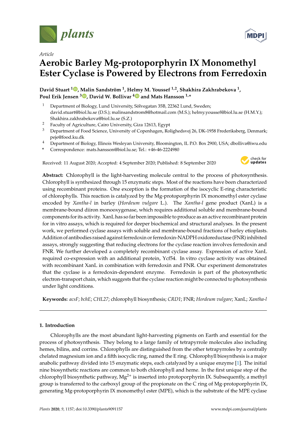 Aerobic Barley Mg-Protoporphyrin IX Monomethyl Ester Cyclase Is Powered by Electrons from Ferredoxin