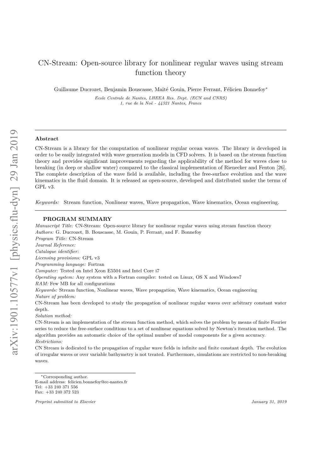 Arxiv:1901.10577V1 [Physics.Flu-Dyn] 29 Jan 2019 of Irregular Waves Or Over Variable Bathymetry Is Not Treated