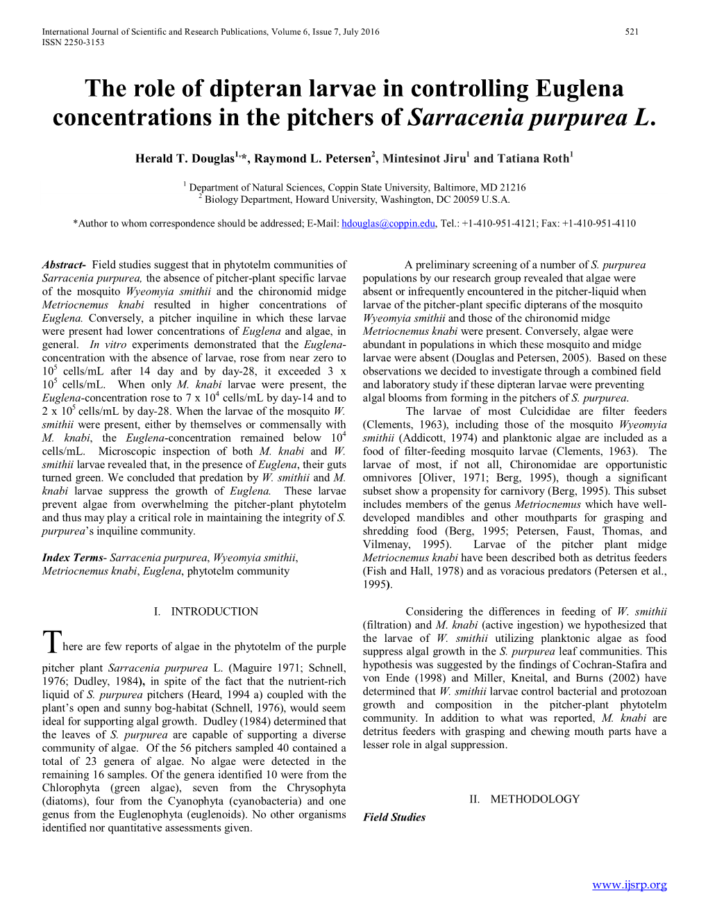 The Role of Dipteran Larvae in Controlling Euglena Concentrations in the Pitchers of Sarracenia Purpurea L