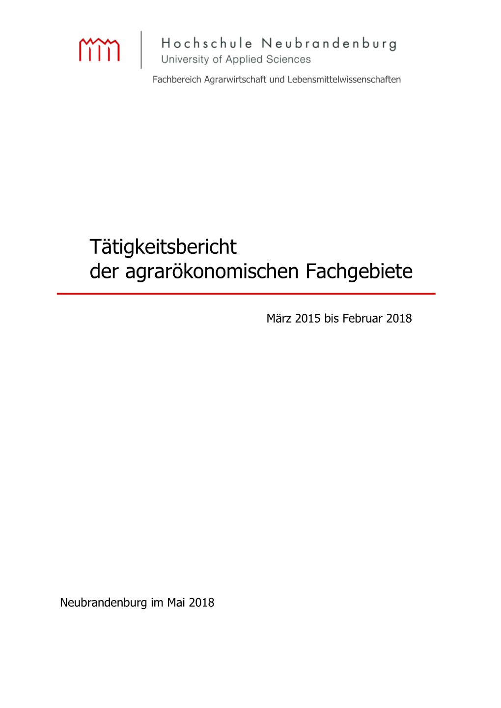 Tätigkeitsbericht Der Agrarökonomischen Fachgebiete