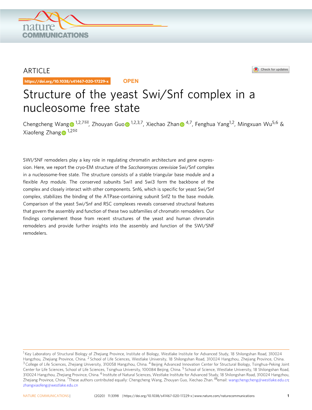 Structure of the Yeast Swi/Snf Complex in a Nucleosome Free State