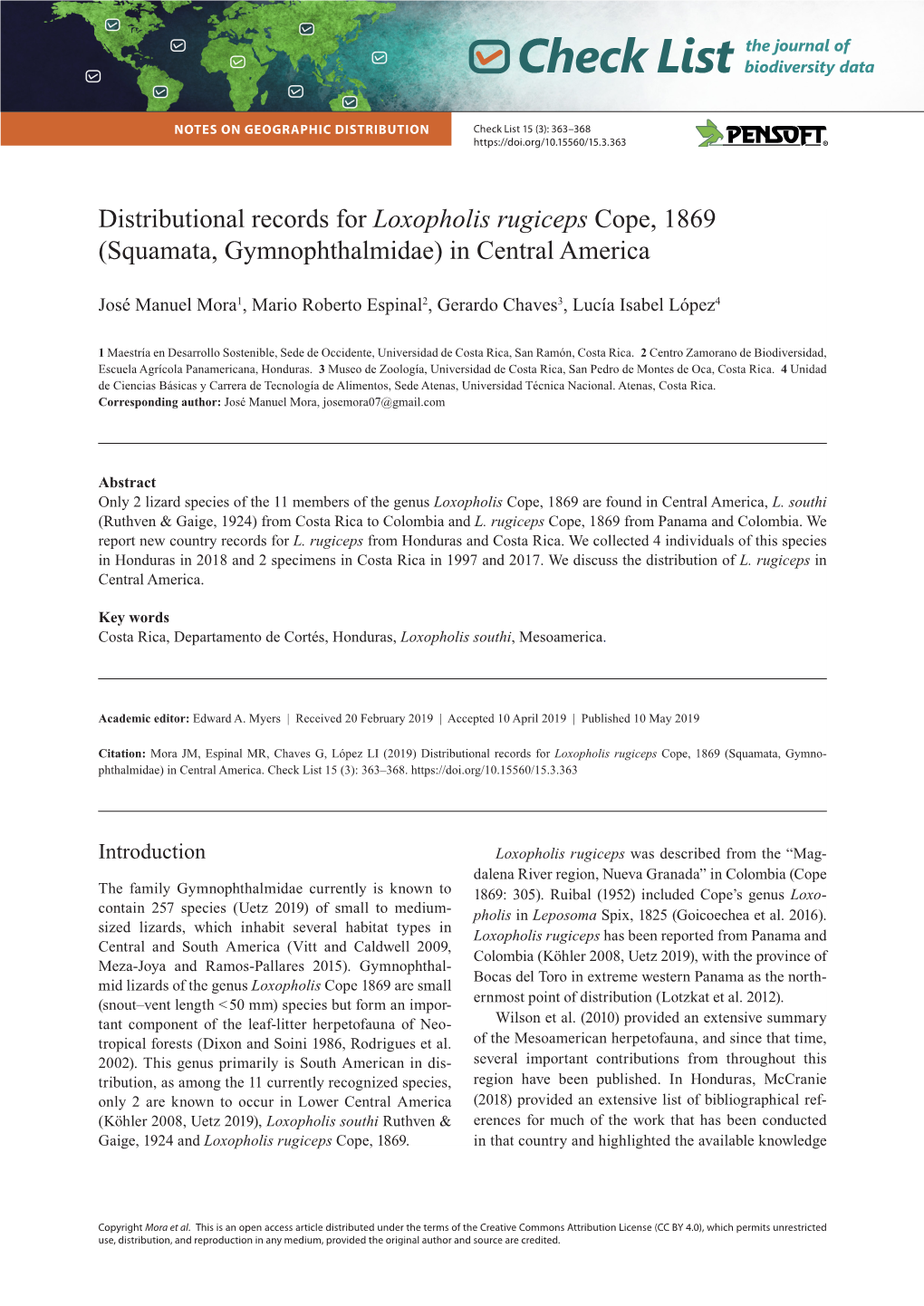 Distributional Records for Loxopholis Rugiceps Cope, 1869 (Squamata, Gymnophthalmidae) in Central America