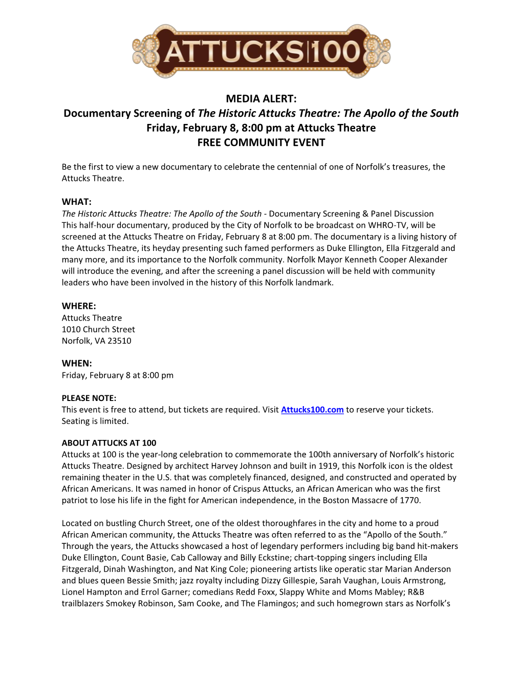 Documentary Screening of the Historic Attucks Theatre: the Apollo of the South Friday, February 8, 8:00 Pm at Attucks Theatre FREE COMMUNITY EVENT