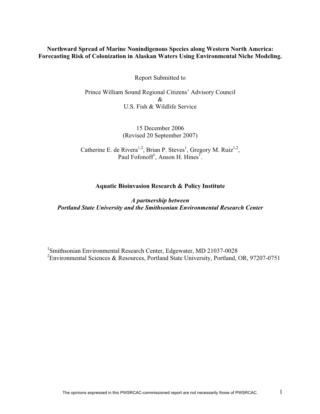 Northward Spread of Marine Nonindigenous Species Along Western North America: Forecasting Risk of Colonization in Alaskan Waters Using Environmental Niche Modeling