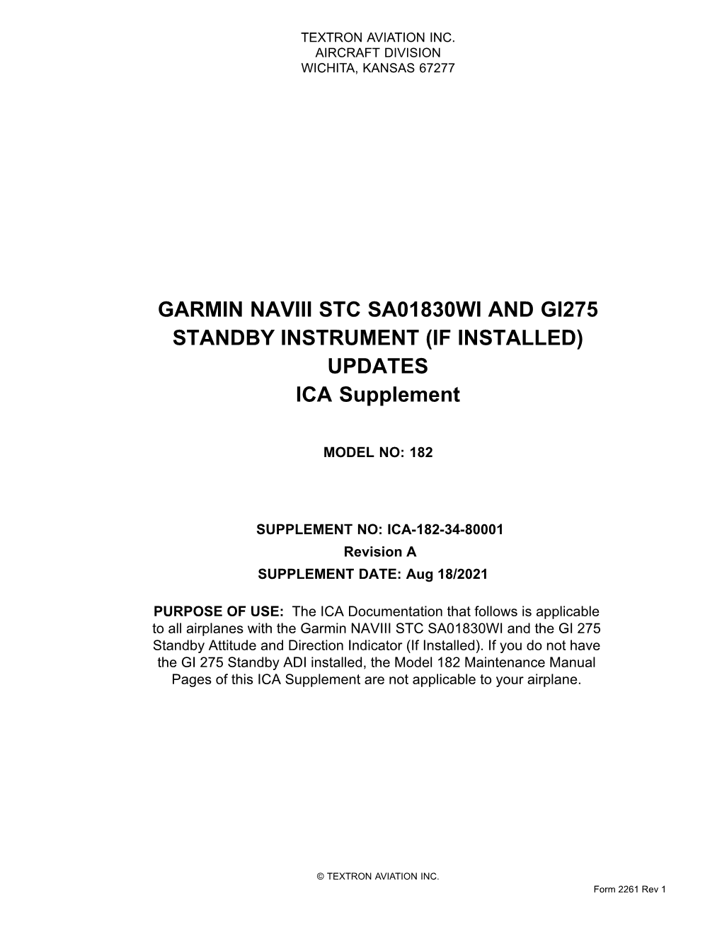 GARMIN NAVIII STC SA01830WI and GI275 STANDBY INSTRUMENT (IF INSTALLED) UPDATES ICA Supplement