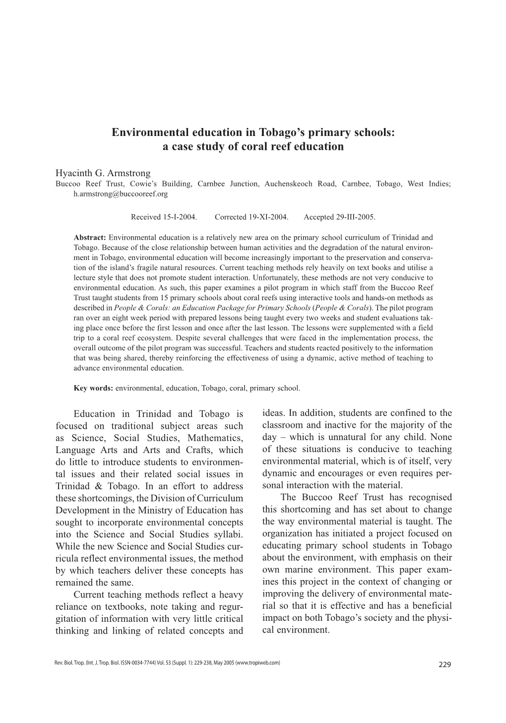 Environmental Education in Tobago's Primary Schools: a Case Study Of