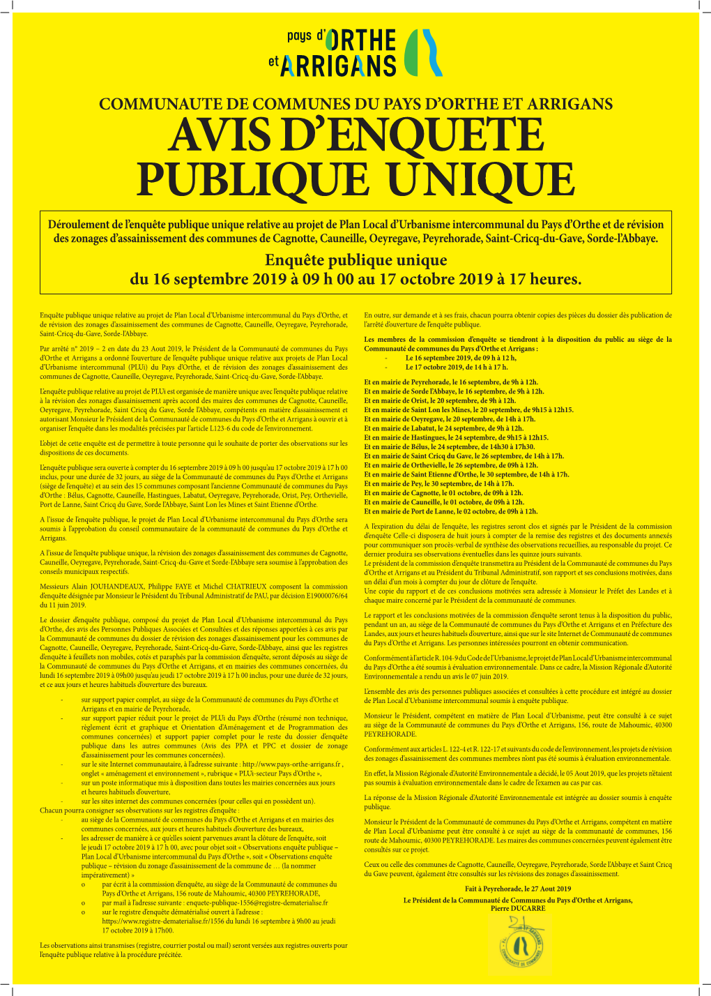 Enquête Publique Unique Du 16 Septembre 2019 À 09 H 00 Au 17 Octobre 2019 À 17 Heures