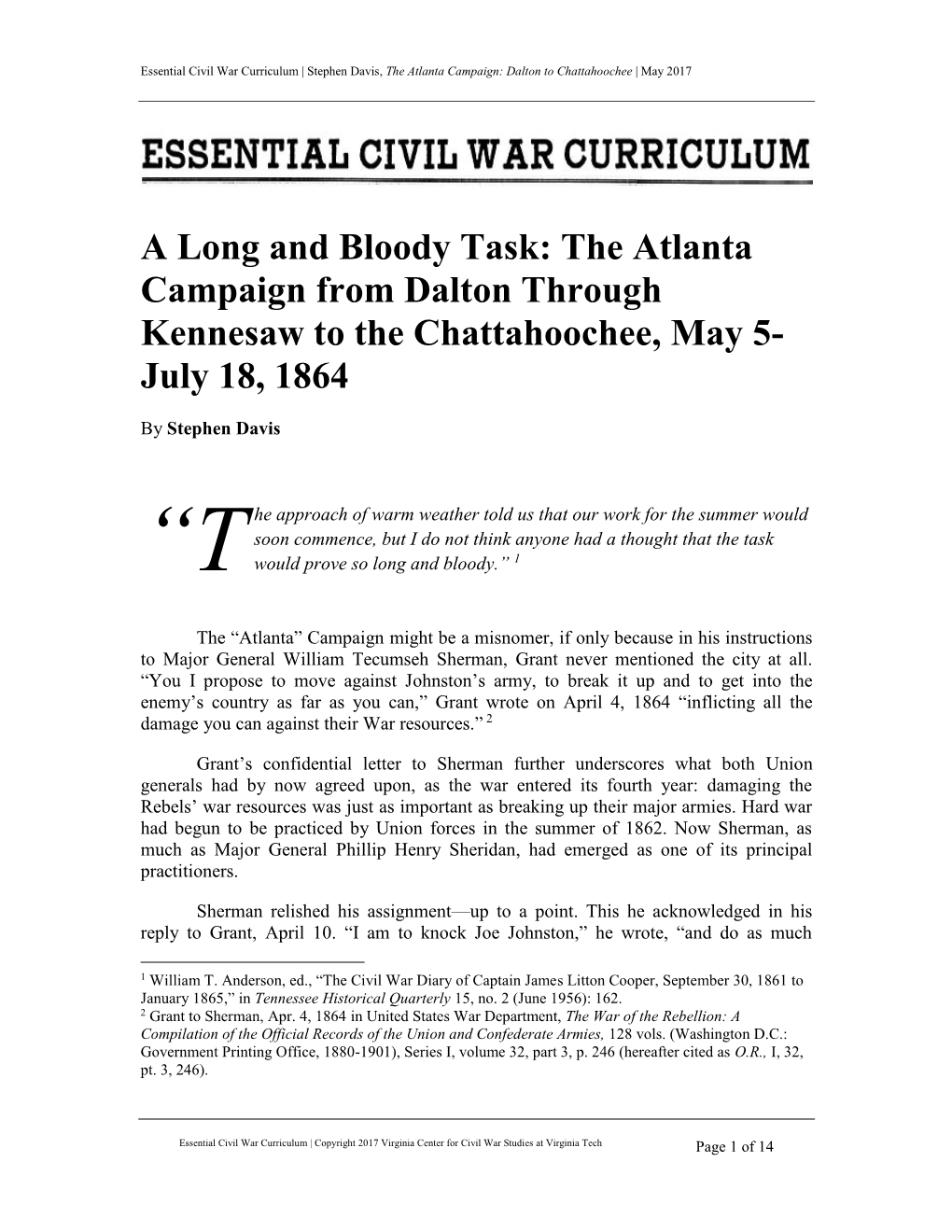 The Atlanta Campaign from Dalton Through Kennesaw to the Chattahoochee, May 5- July 18, 1864