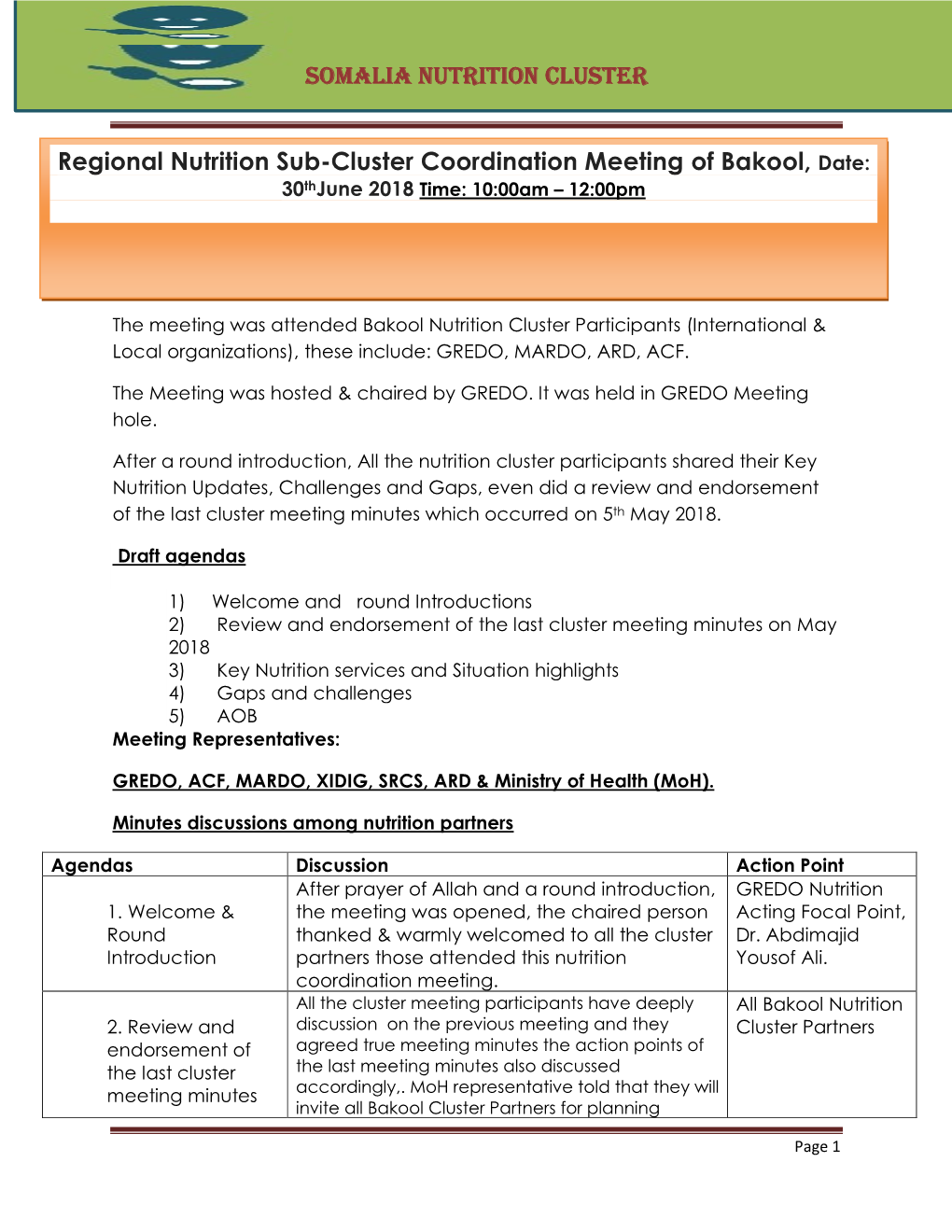 SOMALIA NUTRITION CLUSTER Regional