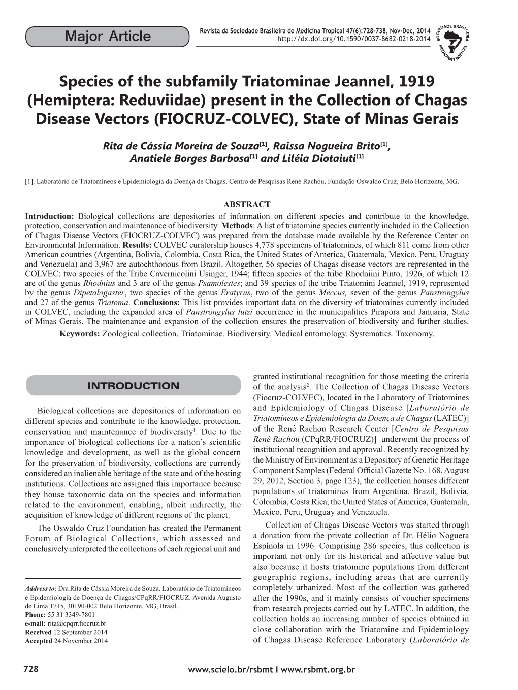 Hemiptera: Reduviidae) Present in the Collection of Chagas Disease Vectors (FIOCRUZ-COLVEC), State of Minas Gerais