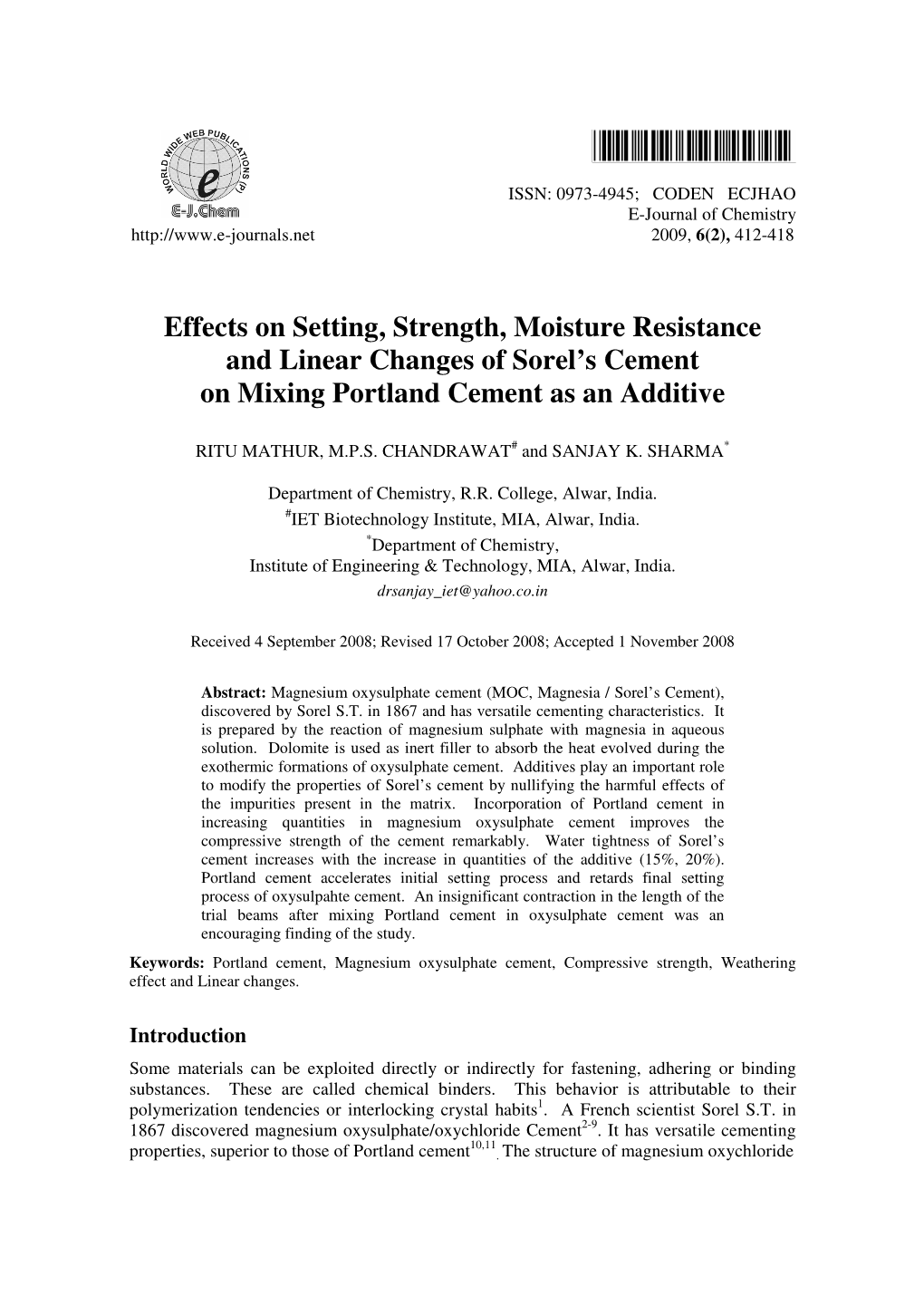 Effects on Setting, Strength, Moisture Resistance and Linear Changes of Sorel’S Cement on Mixing Portland Cement As an Additive