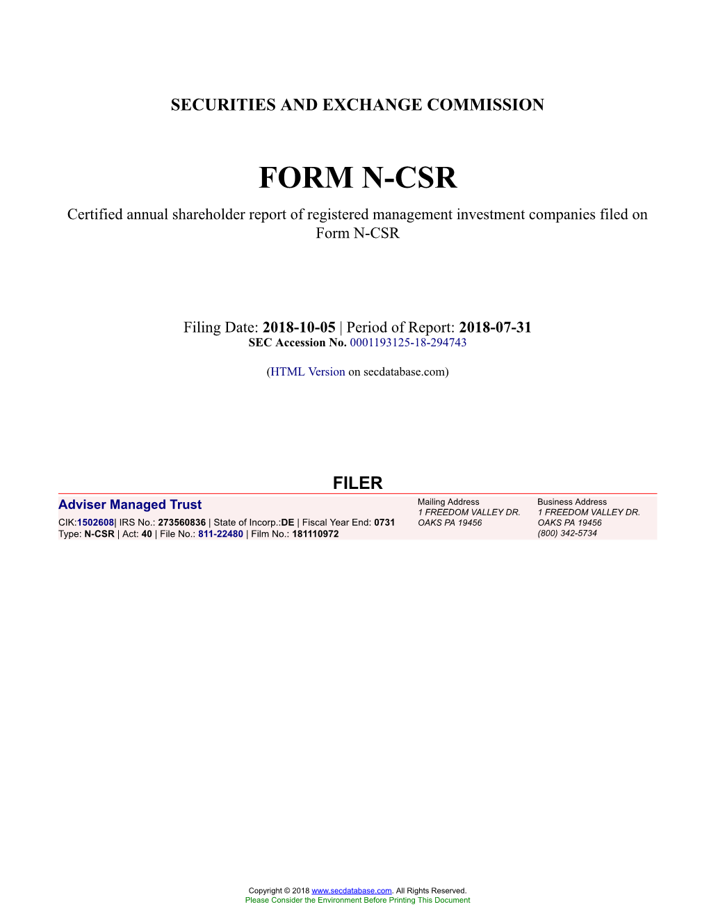 Adviser Managed Trust Form N-CSR Filed 2018-10-05