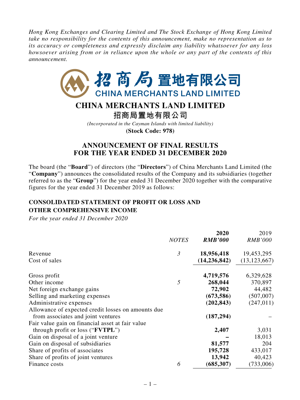 CHINA MERCHANTS LAND LIMITED 招商局置地有限公司 (Incorporated in the Cayman Islands with Limited Liability) (Stock Code: 978)