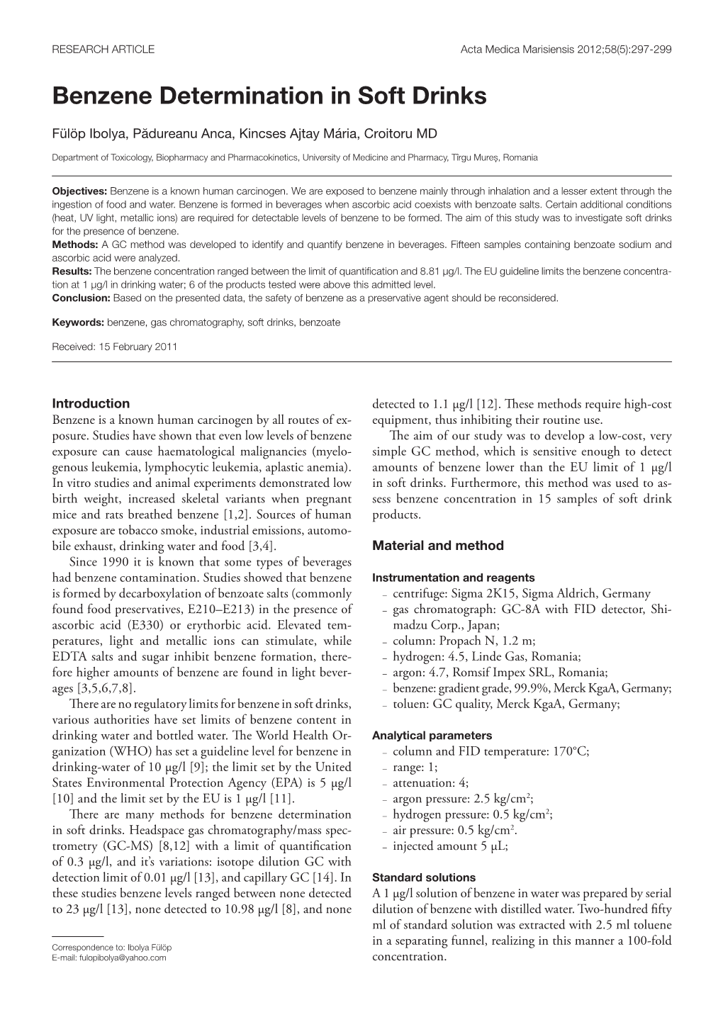 Benzene Determination in Soft Drinks